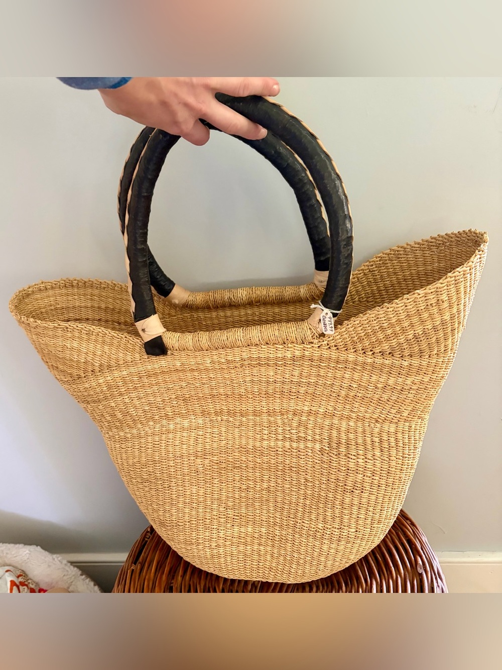 Large Woven Straw Tote Bag Leather Handles Boho Market Beach Bag - Picture 6 of 8